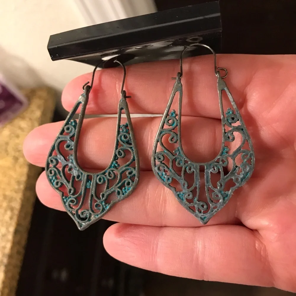 Bohemian filagree patina hook dangle earrings